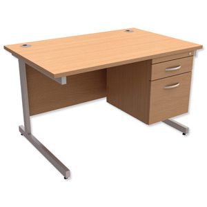 Trexus Contract Desk Rectangular with 2-Drawer Filer Pedestal Silver Legs W1200xD800xH725mm Beech Ident: 433B