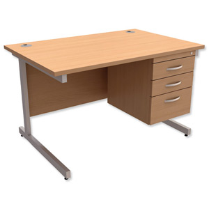 Trexus Contract Desk Rectangular with 3-Drawer Pedestal Silver Legs W1200xD800xH725mm Beech