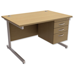 Trexus Contract Desk Rectangular with 3-Drawer Pedestal Silver Legs W1200xD800xH725mm Oak