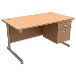 Trexus Contract Desk Rectangular with 2-Drawer Filer Pedestal Silver Legs W1400xD800xH725mm Beech Ident: 433B