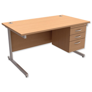 Trexus Contract Desk Rectangular with 3-Drawer Pedestal Silver Legs W1400xD800xH725mm Beech