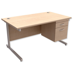 Trexus Contract Desk Rectangular with 2-Drawer Filer Pedestal Silver Legs W1400xD800xH725mm Maple Ident: 433B