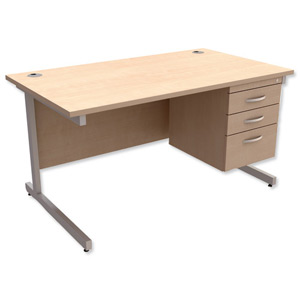 Trexus Contract Desk Rectangular with 3-Drawer Pedestal Silver Legs W1400xD800xH725mm Maple Ident: 433B