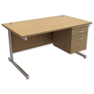 Trexus Contract Desk Rectangular with 2-Drawer Filer Pedestal Silver Legs W1400xD800xH725mm Oak