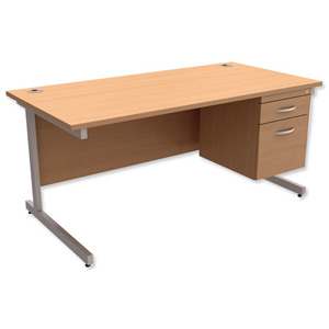 Trexus Contract Desk Rectangular with 2-Drawer Filer Pedestal Silver Legs W1600xD800xH725mm Beech Ident: 433B