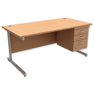 Trexus Contract Desk Rectangular with 3-Drawer Pedestal Silver Legs W1600xD800xH725mm Beech Ident: 433B