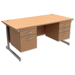 Trexus Contract Desk Rectangular with Double Pedestal Silver Legs W1600xD800xH725mm Beech