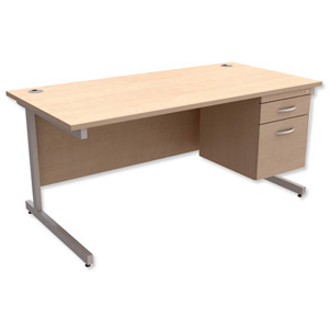 Trexus Contract Desk Rectangular with 2-Drawer Filer Pedestal Silver Legs W1600xD800xH725mm Maple