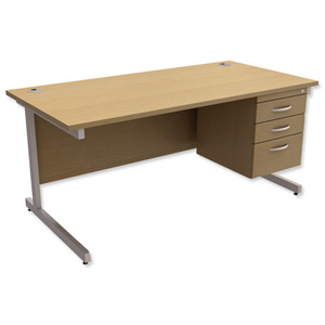 Trexus Contract Desk Rectangular with 3-Drawer Pedestal Silver Legs W1600xD800xH725mm Oak Ident: 433B