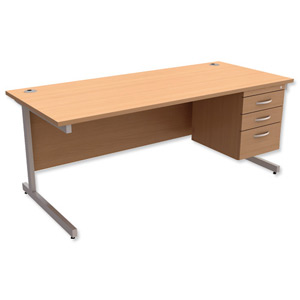 Trexus Contract Desk Rectangular with 3-Drawer Pedestal Silver Legs W1800xD800xH725mm Beech