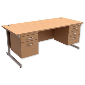 Trexus Contract Desk Rectangular with Double Pedestal Silver Legs W1800xD800xH725mm Beech Ident: 433C