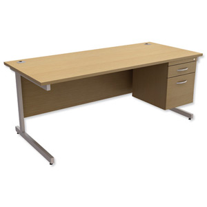 Trexus Contract Desk Rectangular with 2-Drawer Filer Pedestal Silver Legs W1800xD800xH725mm Oak Ident: 433B