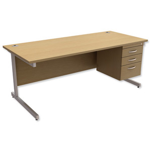 Trexus Contract Desk Rectangular with 3-Drawer Pedestal Silver Legs W1800xD800xH725mm Oak Ident: 433B