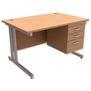 Trexus Contract Plus Cantilever Desk Rectangular 3-Drawer Pedestal Silver Legs W1200xD800xH725mm Beech