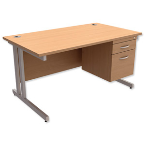 Trexus Contract Plus Cantilever Desk Rectangular 2-Drawer Pedestal Silver Legs W1400xD800xH725mm Beech Ident: 431B