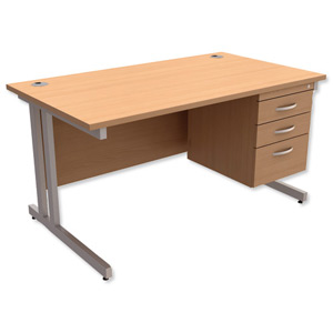 Trexus Contract Plus Cantilever Desk Rectangular 3-Drawer Pedestal Silver Legs W1400xD800xH725mm Beech Ident: 431B