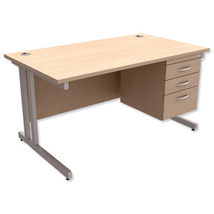 Trexus Contract Plus Cantilever Desk Rectangular 3-Drawer Pedestal Silver Legs W1400xD800xH725mm Maple Ident: 431B