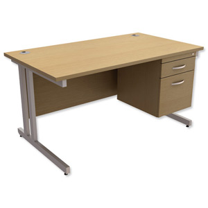 Trexus Contract Plus Cantilever Desk Rectangular 2-Drawer Pedestal Silver Legs W1400xD800xH725mm Oak Ident: 431B