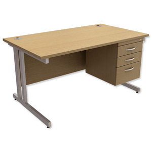 Trexus Contract Plus Cantilever Desk Rectangular 3-Drawer Pedestal Silver Legs W1400xD800xH725mm Oak Ident: 431B