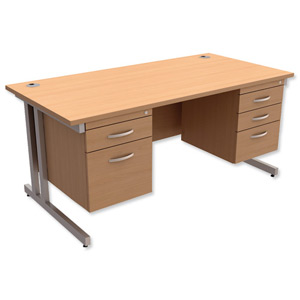 Trexus Contract Plus Cantilever Desk Rectangular Double Pedestal Silver Legs W1600xD800xH725mm Beech