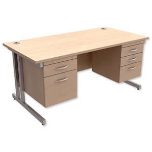 Trexus Contract Plus Cantilever Desk Rectangular Double Pedestal Silver Legs W1600xD800xH725mm Maple Ident: 431C