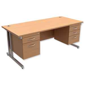 Trexus Contract Plus Cantilever Desk Rectangular Double Pedestal Silver Legs W1800xD800xH725mm Beech