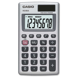 Casio Calculator Handheld Battery/Solar-power 8 Digit 3 Key Memory 57x102x8mm Ref HS8V-S-U-H Ident: 661H