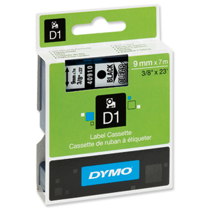 Dymo D1 Tape for Electronic Labelmakers 9mmx7m Black on Clear Ref 40910 S0720670 Ident: 724B