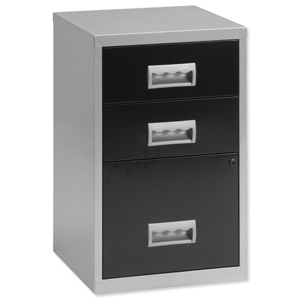 Combi Filing Unit Cabinet Lockable 3 Drawers A4 Silver and Black Ident: 464d