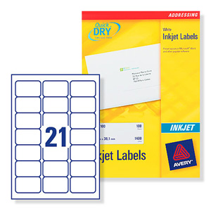 Avery Quick DRY Addressing Labels Inkjet 21 per Sheet 63.5x38.1mm White Ref J8160-100 [2100 Labels] Ident: 133B