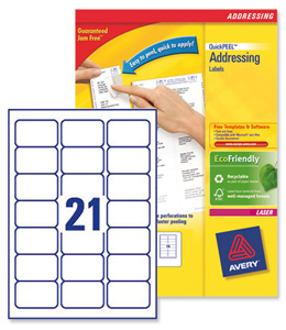 Avery Addressing Labels Laser Jam-free 21 per Sheet 63.5x38.1mm White Ref L7160-500 [10500 Labels] Ident: 133A