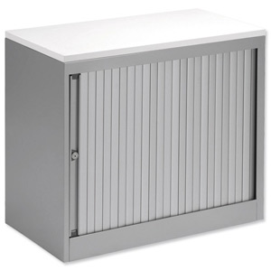 Bisley Eurotambour Desk-high Side-opening Silver Frame and Silver Shutters White Top W800xD430xH720mm Ident: 437B