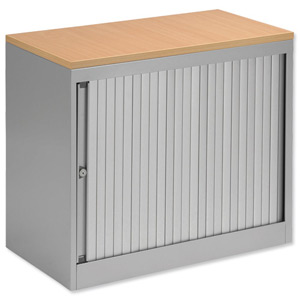 Bisley Eurotambour Desk-high Side-opening Silver Frame and Silver Shutters Beech Top W800xD430xH720mm Ident: 437B