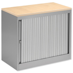 Bisley Eurotambour Desk-high Side-opening Silver Frame and Silver Shutters Maple Top W800xD430xH720mm