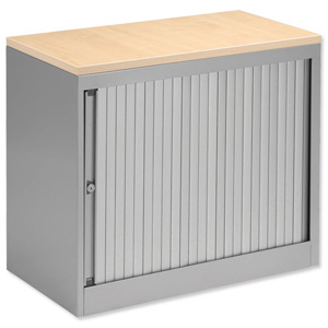 Bisley Eurotambour Desk-high Side-opening Silver Frame and Silver Shutters Maple Top W800xD430xH720mm Ident: 437B