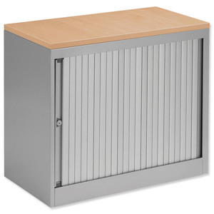 Bisley Eurotambour Desk-high Side-opening Silver Frame and Silver Shutters Oak Top W800xD430xH720mm Ident: 437B