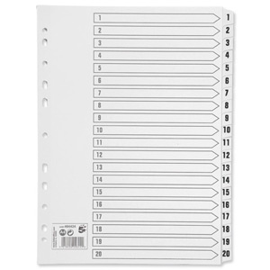 5 Star Index 230 micron Card with Clear Mylar Tabs 1-20 A4 White