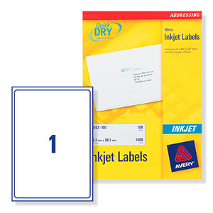 Avery Quick DRY Addressing Labels Inkjet 1 per Sheet 199.6x289.1mm White Ref J8167 [100 Labels]