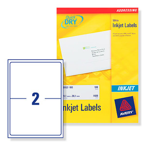 Avery QuickDRY Addressing Labels Inkjet 2 per Sheet 199.6x143.5mm White Ref J8168-100 [200 Labels]