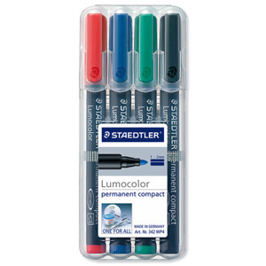 Staedtler Lumocolor Compact Permanent Marker Line Width 1-2mm Assorted Colours Ref 342WP4 [Wallet 4] Ident: 91H