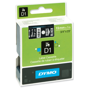 Dymo D1 Tape for Electronic Labelmakers 19mmx7m White on Black Ref 45810 S0720910 Ident: 724B