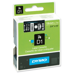 Dymo D1 Tape for Electronic Labelmakers 19mmx7m White on Black Ref 45810 S0720910