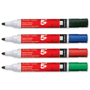 5 Star Drywipe Marker Xylene/Toluene-Free Bullet Tip 3mm Line Assorted [Pack 12] Ident: 97G