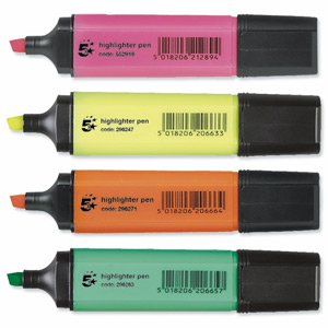 5 Star Highlighters Chisel Tip 1-5mm Line Assorted [Wallet 4]