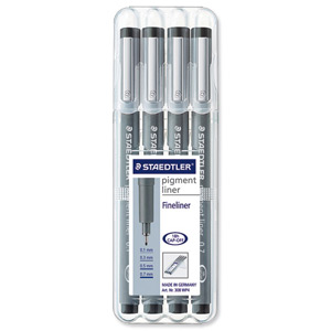 Staedtler Pigment Liner Metal 0.1/0.3/0.5/0.7mm Tip Indelible Ink Assorted Ref 308WP4 [Wallet 4]