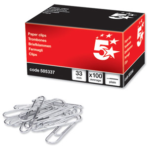 5 Star Paperclips Metal Large 33mm Plain [Pack 100] Ident: 365A