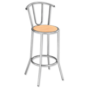 Trexus Cafe Bar Stool Silver-effect Frame with Back W350xD350xH800mm Silver and Beech Ident: 454B