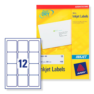 Avery Quick DRY Addressing Labels Inkjet 12 per Sheet 63.5x72mm White Ref J8164-100 [1200 Labels]