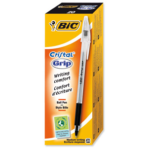 Bic Cristal Grip Ball Pen Clear Barrel 1.0mm Tip 0.4mm Line Black Ref 802800 [Pack 20] Ident: 82A