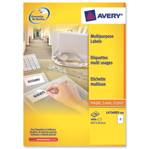 Avery Labels Removable Laser 48 per Sheet 47.5x21.2mm White Ref L4736REV-25 [1200 Labels]